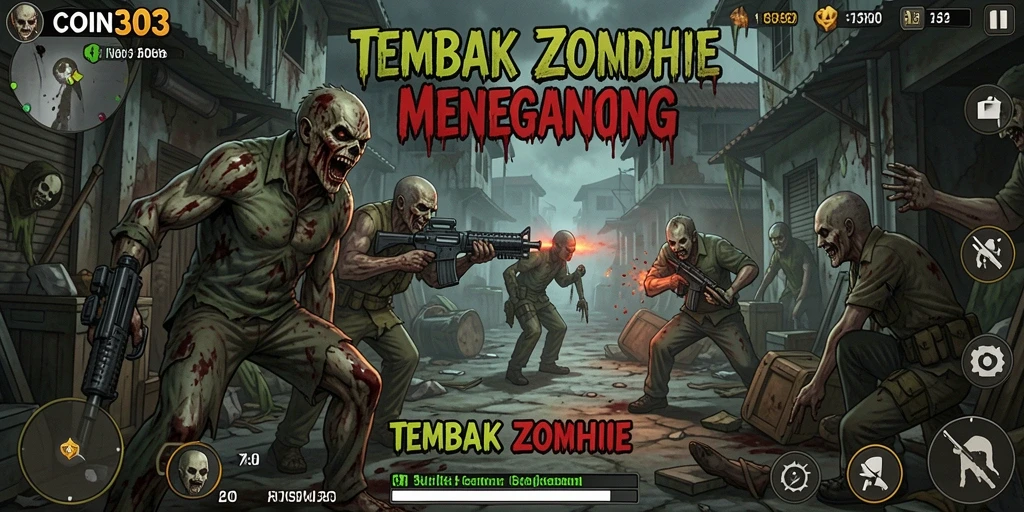 Tampilan gameplay COIN303 dengan karakter melawan zombie.
