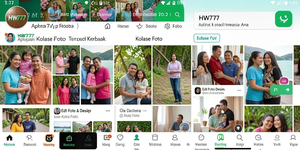 Screenshot antarmuka aplikasi HW777 yang menampilkan berbagai template kolase foto.